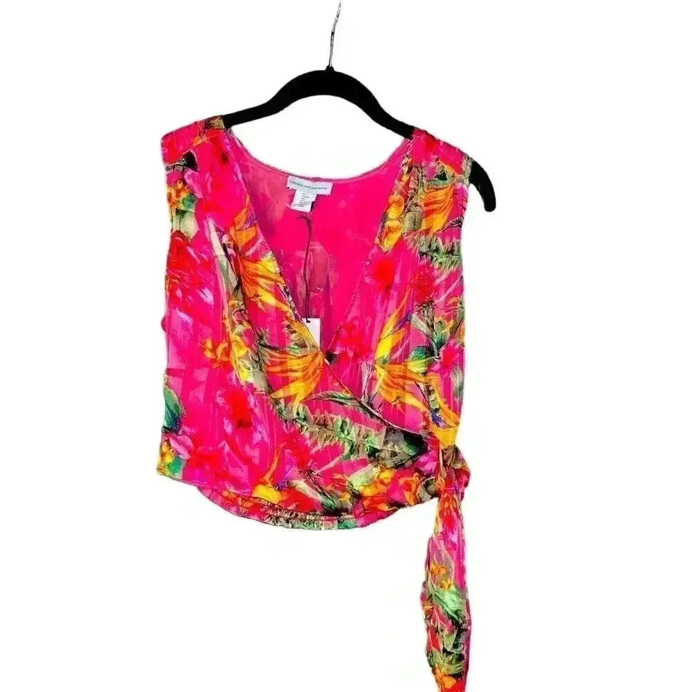 NWT Cupcakes and Cashmere Surplice Side Tie Tropical Printed Sleeveless Blouse‎